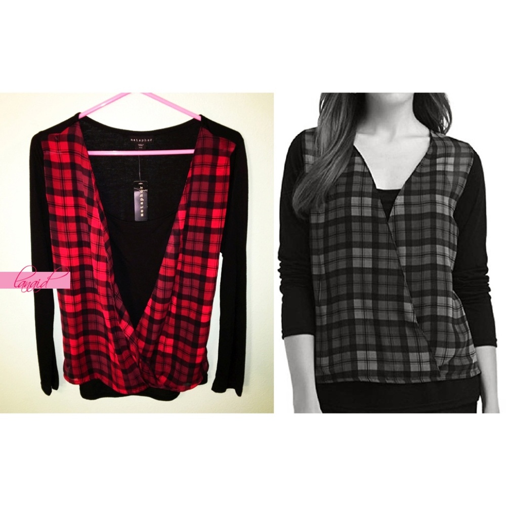 Red Black Surplice Wrap Drape Punk Edgy Plaid V-Neck Tartan Long Sleeve Blouson